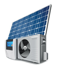 Heat pump, inverter and solar panel as a green energy system concept - obrazy, fototapety, plakaty