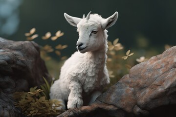 Fototapeta premium A cute and cuddly baby goat playing on a rock Generative AI