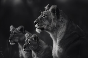 A regal and majestic Lioness watching over her cubs, showing off her regal and majestic nature. Generative AI