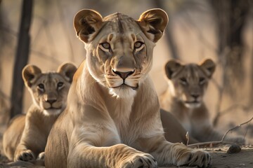 A regal and majestic Lioness watching over her cubs, showing off her regal and majestic nature. Generative AI - obrazy, fototapety, plakaty