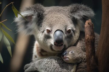 Fototapeta premium A cute and cuddly baby koala clinging to its mother Generative AI