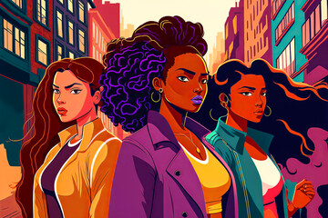 A vibrant and bold illustration of a diverse group of women showing their unity and strengths. Used to promote women's empowerment and activism. Generative AI