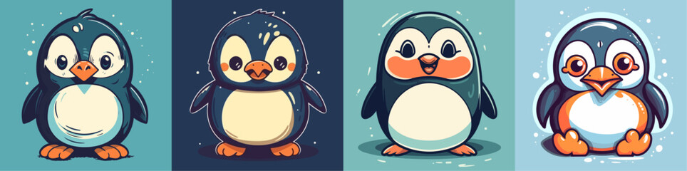 Flat color vector of happy penguin set collection