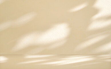 Abstract beige background for product presentation with light and shadow from the window on wall.