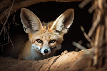 A shy and elusive Fennec Fox peering out from its den, showing off its shy and elusive nature. Generative AI