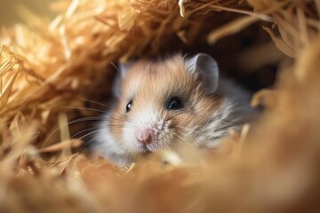 A cute and cuddly Dwarf Hamster snuggled up in a nest - This Dwarf Hamster is snuggled up in a cozy nest, enjoying some relaxation time. Generative AI