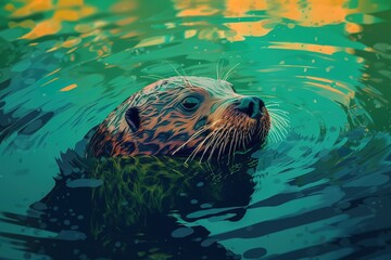 Fototapeta premium A silly and playful otter swimming in a river Generative AI