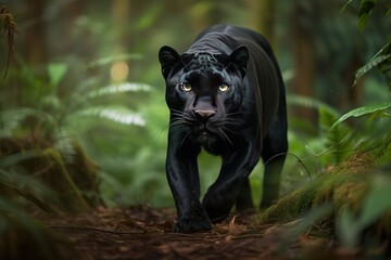 Naklejka na ściany i meble A sleek and agile Black Panther moving stealthily through the jungle, showing off its sleek and agile nature. Generative AI