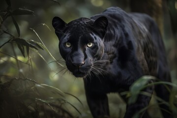 Naklejka na ściany i meble A sleek and agile Black Panther moving stealthily through the jungle, showing off its sleek and agile nature. Generative AI