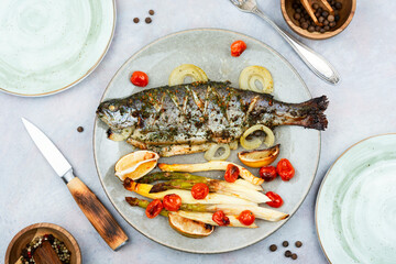 Roasted trout with baked asparagus