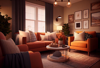 Interior design of a cozy and inviting living room that incorporates warm colors, soft textures, and comfortable seating | Generative AI