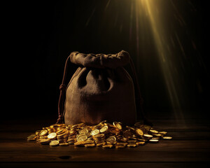 Geldsack im Spotlight von Goldmünzen umringt mit Schimmer im Hintergrund - obrazy, fototapety, plakaty