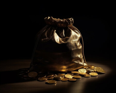 Geldsack im Spotlight von Münzen umringt