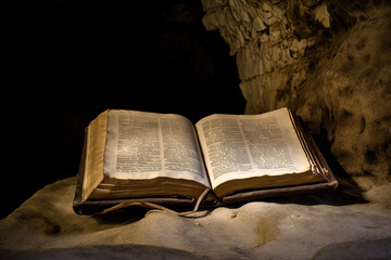 The Bible open in a cave, generative AI, generative, AI - obrazy, fototapety, plakaty