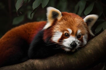 A cute and cuddly Red Panda snuggled up in a tree - This Red Panda is snuggled up in a tree, showing off its cute and cuddly nature. Generative AI