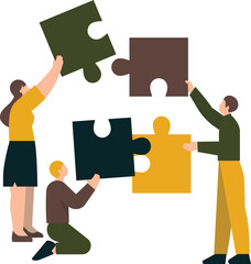 Teamwork concept. People connecting jigsaw puzzle pieces. Vector illustration - obrazy, fototapety, plakaty
