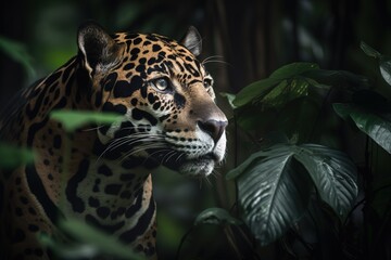 A sleek and stealthy Jaguar hiding in the jungle, showing off its sleek and stealthy nature. Generative AI