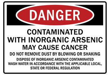 Poison chemical hazard sign and labels contaminated with inorganic arsenic, may cause cancer. Do nor remove dust by blowing or shaking