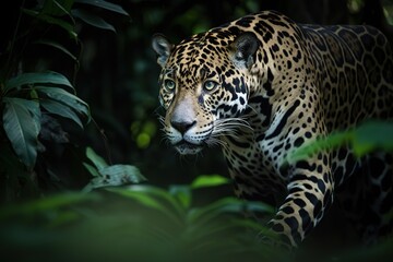 A stealthy and elusive Jaguar stalking through the jungle, showing off its stealthy and elusive nature. Generative AI