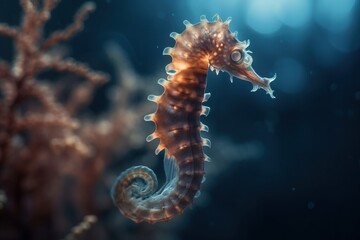 Fototapeta na wymiar a sea horse is standing on a coral in the water with its head turned to the side and its tail hanging out of the water. generative ai