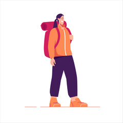 Vector illustration of a standing woman traveler hiker with backpack