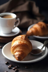 Traditional breakfast with croissant and coffee. Generative AI