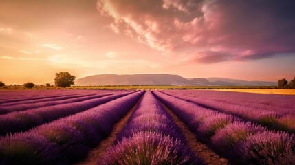 Fototapeta na wymiar Stunning landscape with lavender field with stunning sunset on background. Generative AI