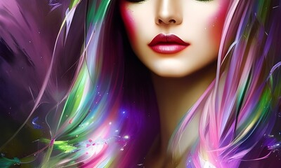 Futurystyczny obraz kobiety z kolorowymi włosami. Wygenerowano z AI. - obrazy, fototapety, plakaty