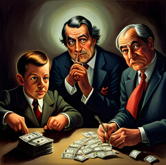 Mężczyźni dzielący się pieniędzmi. Ilustracja wygenerowana przez AI - obrazy, fototapety, plakaty