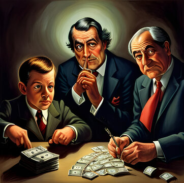 Mężczyźni dzielący się pieniędzmi. Ilustracja wygenerowana przez AI