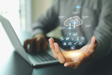 Cloud documentation and personal information online database storage and data privacy protection on computer network or online banking protect or cyber security concept.