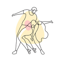 A beautiful couple are moving. Lovers dance bachata, salsa. Gentle line art with spots. Minimalism