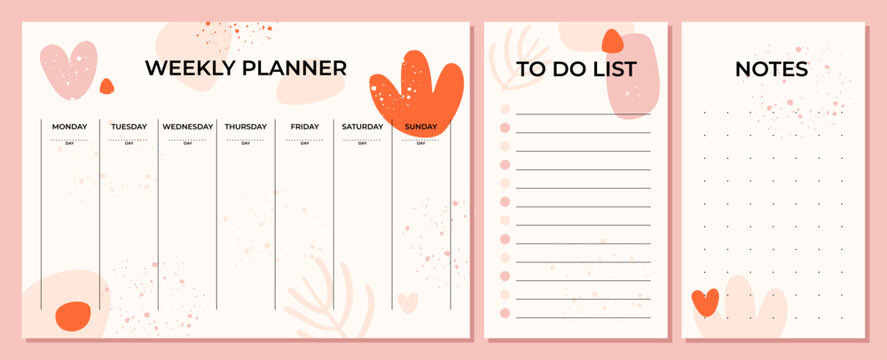 Delicate pink weekly glider. Girly grunge and abstractions. Form to do list and notes. For printing