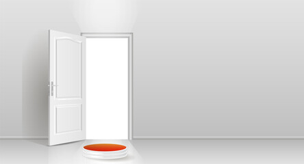 The interior of an empty room with a white wall, an open door, a white podium and a red carpet.
Free space for copying a 3d image.