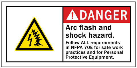 Arc flash and shock hazard sign and labels follow all safety procedures and wear proper PPE in accordance to NFPA 70E