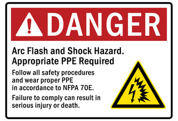 Arc flash and shock hazard sign and labels appropriate PPE required. Follow all safety procedures and wear proper PPE in accordance to NFPA 70E
