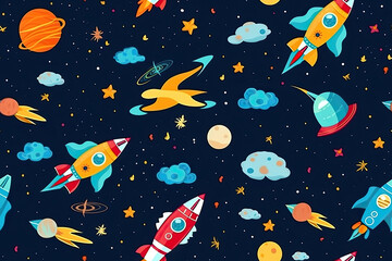 seamless pattern with space, rockets, stars. Generative AI illustration