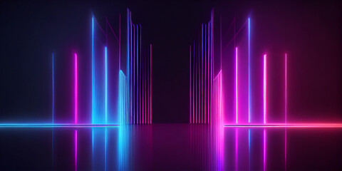 Neon dark stage shows empty room: neon light, spotlights, dark blue, purple, pink background - dance floor for product display in studio, backdrop for photo shooting. Generative AI. - obrazy, fototapety, plakaty