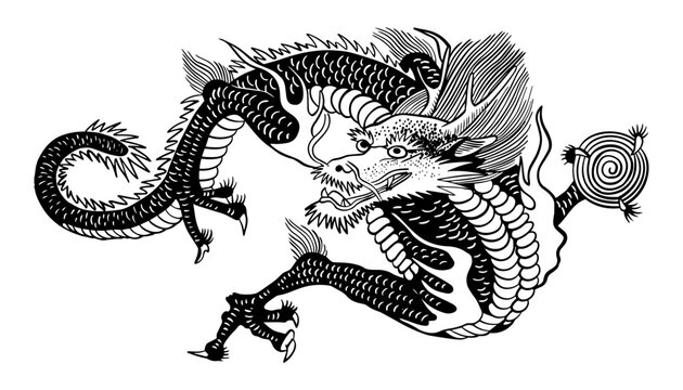 Dragon. Digital hand drawing. Fantasy animal. Line art. Transparent black icon on white background. Tattoo. Coloring book element. Vector EPS10. 
