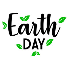 Logo con letras palabra Earth Day en texto manuscrito con siluetas de hojas de planta en color verde