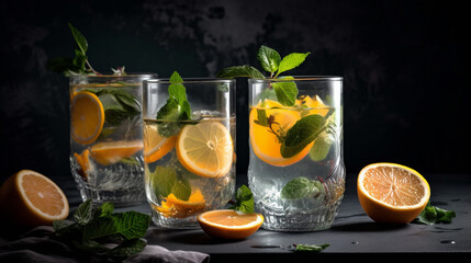 Summer healthy lemonade, cocktails of citrus infused water or mojitos Generated AI