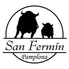 Celebración tradicional encierros San Fermín. Logo aislado con texto manuscrito San Fermín Pamplona con silueta de toros corriendo en círculo lineal