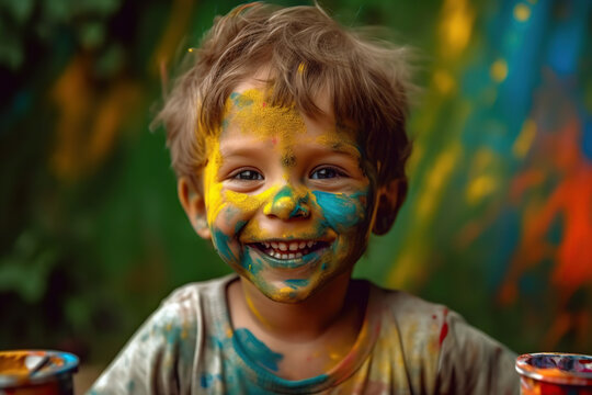 happy child playing with paint. Generative AI illustration.