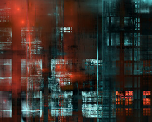 Abstract fractal glitch art which perhaps suggests multiple reflections of city buildings at night.