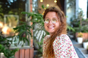 portrait of a cute girl in glasses in a cozy green cafe smiles, rests, relaxes and looks at the...