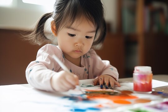 4 year old asian girl painting with his hands. Generative AI illustration.