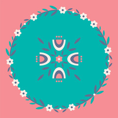 A template for a congratulatory postcard with a circle form. The concept of floral ornament. A round frame with stylized geometrically daisies and bells.