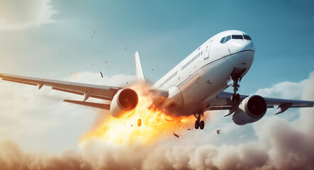 Fototapeta na wymiar Airplane explosion with engine on fire