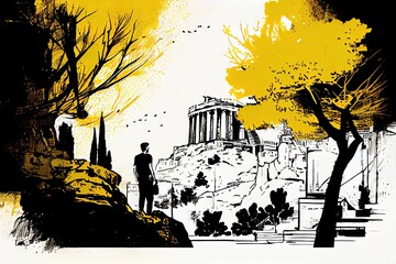 Athens Travel Illustration, Spain Tourism Concept, Western Europe Drawing Imitation, AI Generative Content