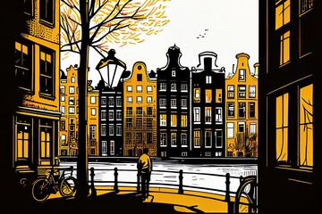 Amsterdam Travel Illustration, Netherlands Tourism Concept, Western Europe Drawing Imitation, AI Generative Content